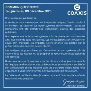 Coaxis ACD : Information sur l’incident majeur de l’infrastructure COAXIS