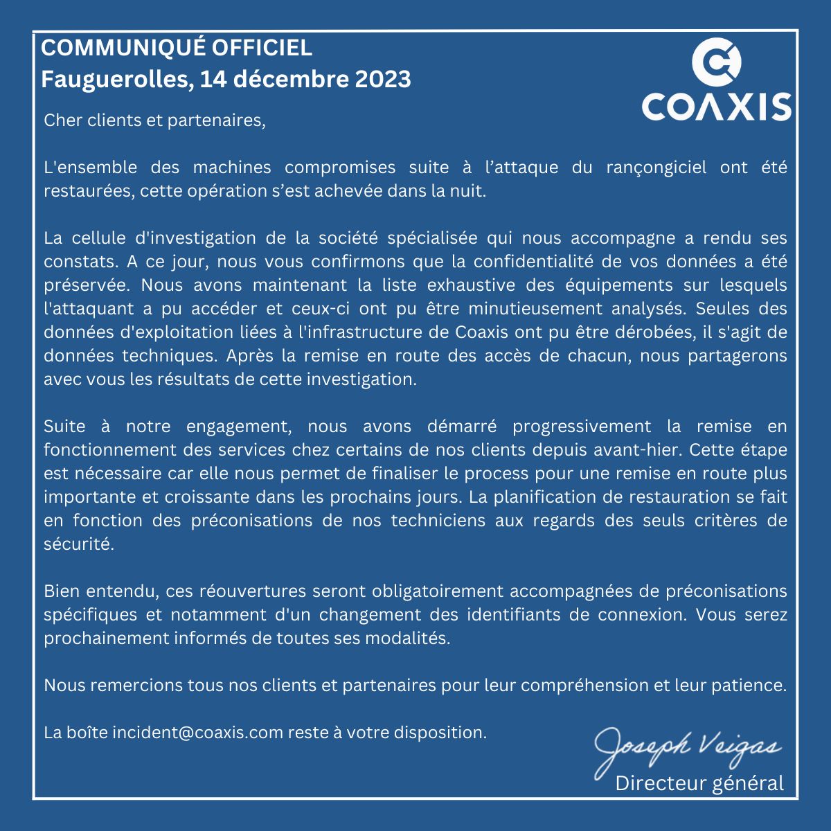 ACD : Information sur l’incident majeur de l’infrastructure COAXIS